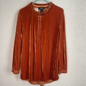 Midnight Velvet Women's Large Burnout Orange Velvet Ruffle Neck Long Sleeve‎ Top
